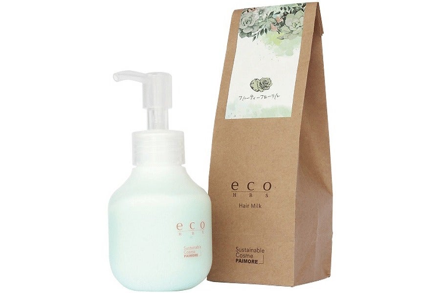 eco HBS ヘアミルク フルーティーフローラル 80gのポンプボトルと紙製外装、容量・価格の案内