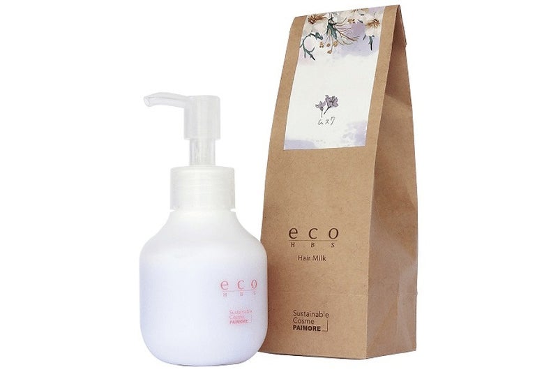 eco HBS ヘアミルク ムスク80gのポンプボトルと紙製外装、容量・価格の案内