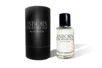 inborn プロフェッショナルオードポアルファム 50mlの透明ボトルと黒い円筒パッケージ